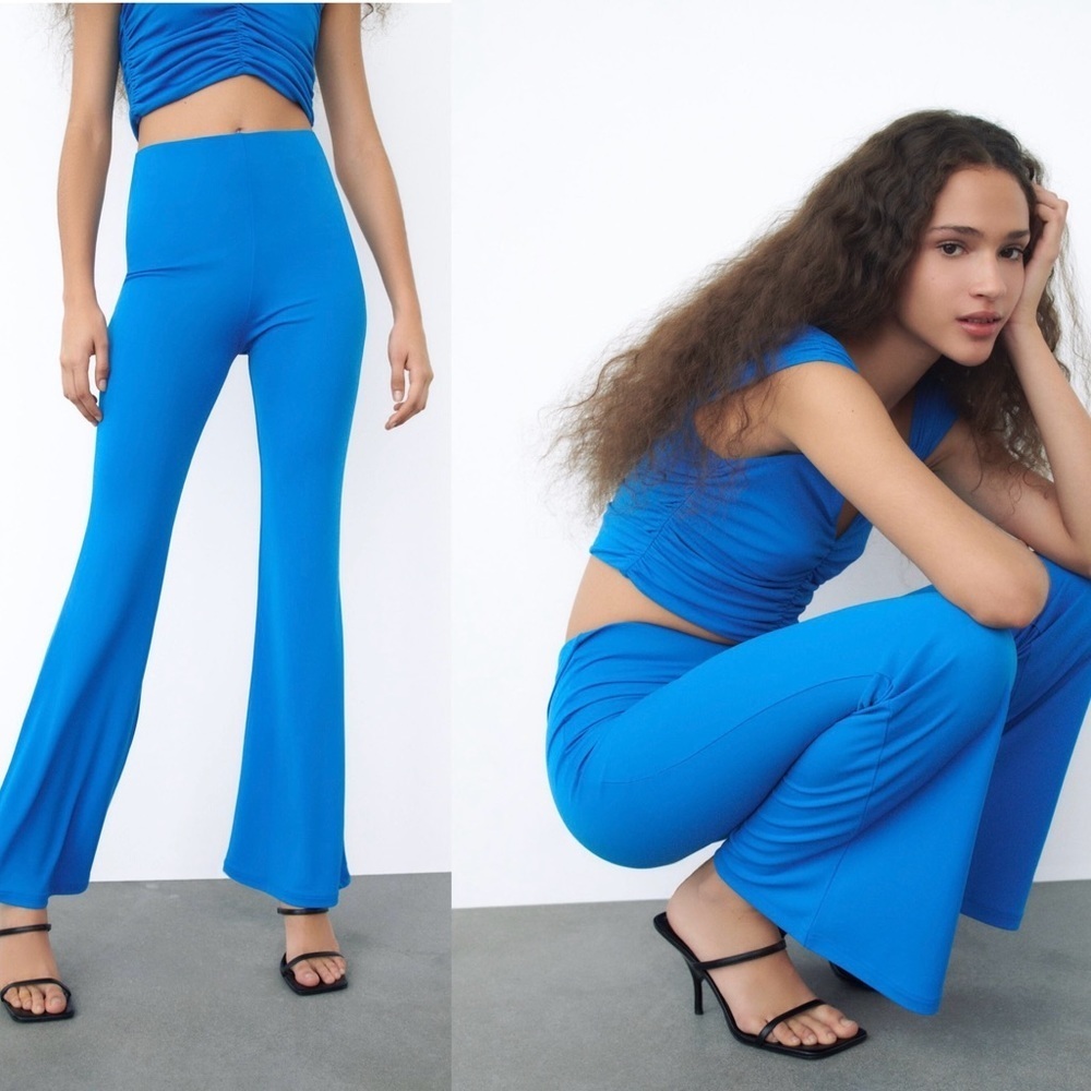 Zara blue stretchy high waisted flare pull on pants Sz M NWT - Picture 3 of 14